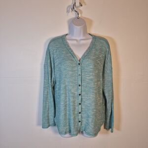 Sonoma Women's Waffle Knit Cardigan Size L Green Marled Button Up Sweater